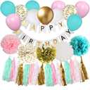Wiletasz Teal Blue & Pink Teen Birthday Decorations, Teal & Pink Balloons, Banner, Tassels, Pompoms & Ribbon for Girls Women Teens Kids Parties