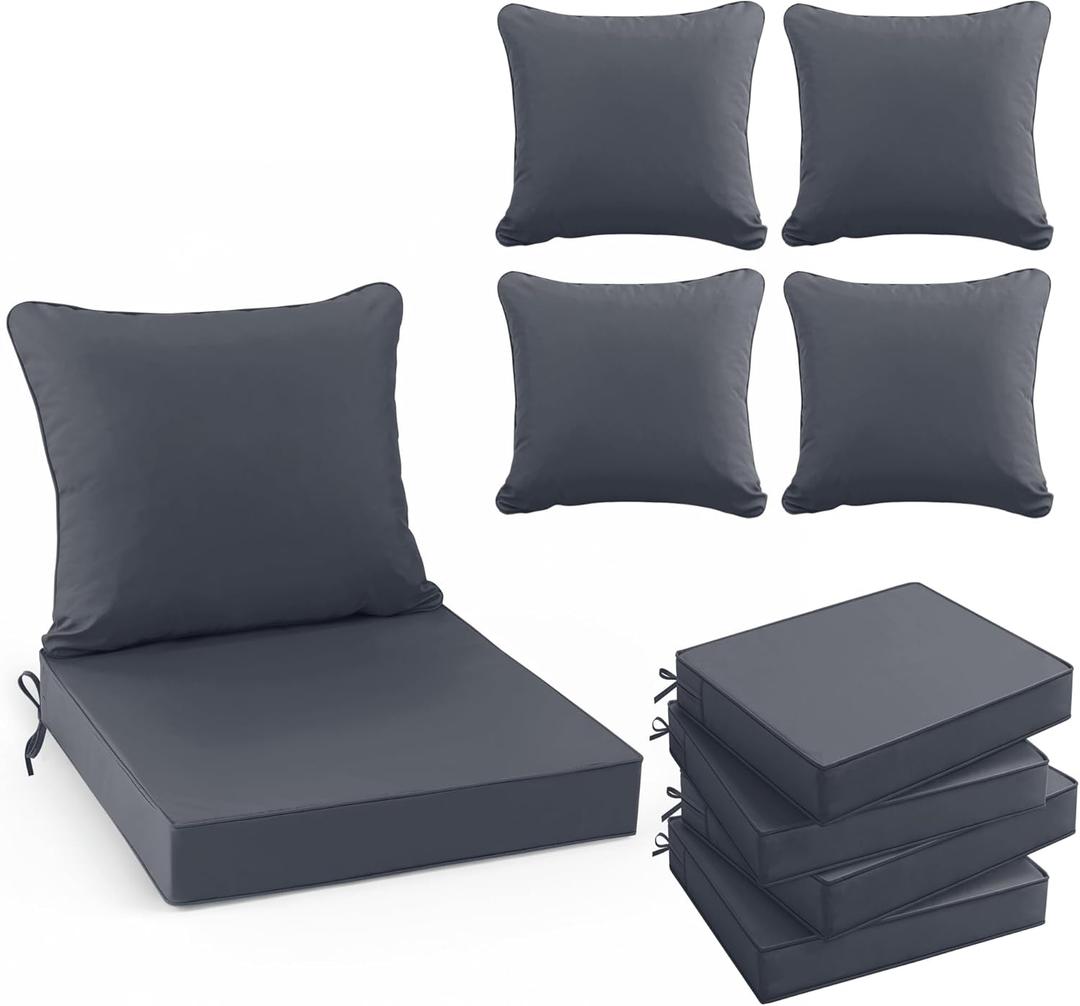 Waterproof Outdoor Cushions for Patio Furniture, Fade Resistant Backrest and Deep Seat Cushion Set with Removable Cover, 22 x 22 Inch, Dark Grey, Set of 4