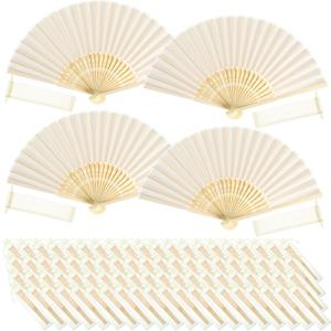 Tatuo 80 Pcs Hand Fans Bamboo Silk Folding Fans Handheld Fans Foldable Fans Makeup Fans Chinese Decorative Folding Fans Cosplay Decorations Men Women Party Festival Performance (Beige)