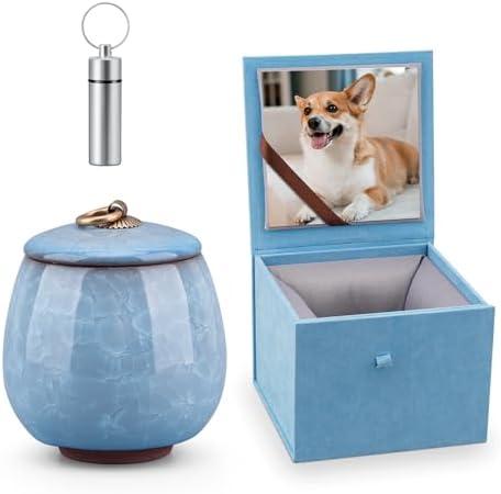 Mini Pet Urn, Small Pet Memorial Urn Handmade Ceramic Pet Urn Suitable for Home or Office Urn with Delicate Box - Blue (Blue)