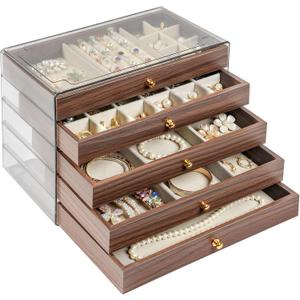 Wooden Jewelry Box for Women, 5-Layer Jewelry Organizers and Storage with 5 Drawers & Velvet Trays, Large Earring Holder, Necklace Ring Travel Case, Gift Box for Drawer, Wood