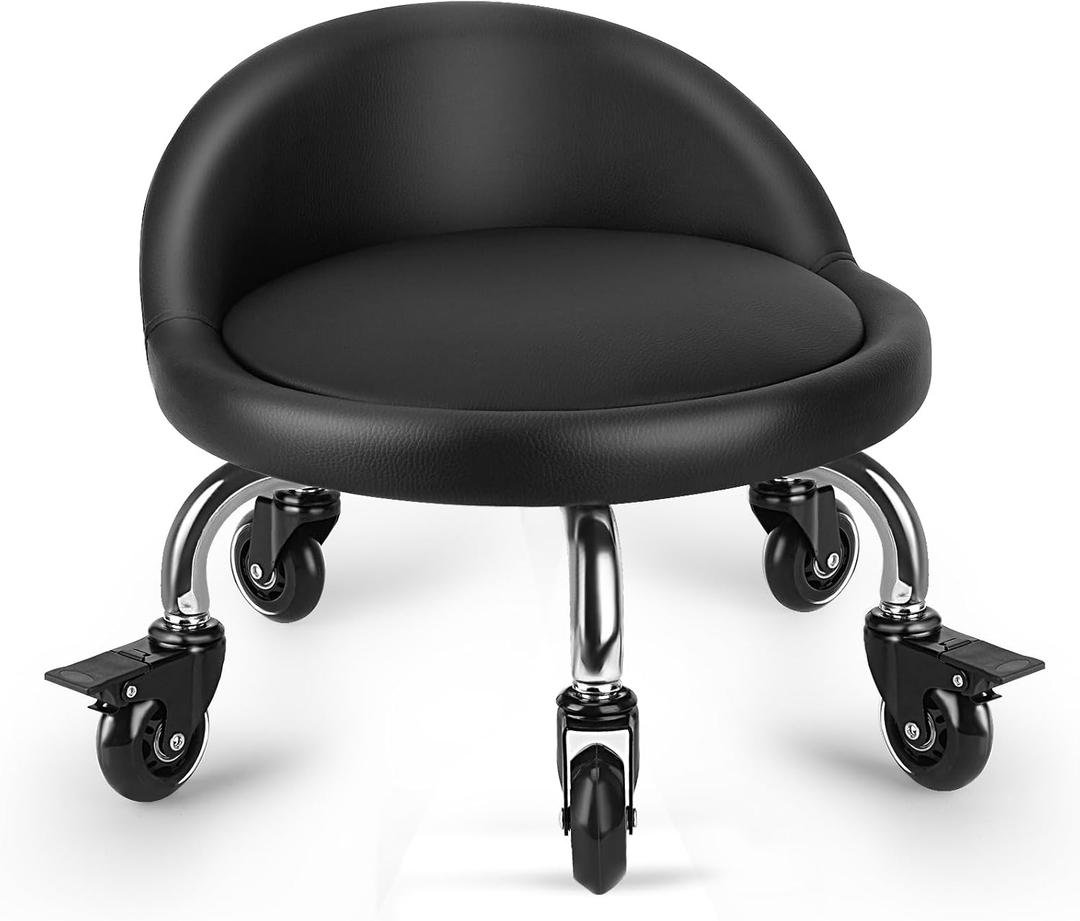 Rolling Stool with Backrest Low Height Rolling Stool with PU Leather, Roller Stool Chair, Roller Seats for Home, Office, Garage, Shop, Library (3.2" h Casters) Black