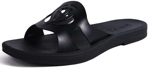 ONCAI Slides for Womens,Flat Dressy Square Toe Summer Beach Sandals for Woman with Comfortable Non-slip Rubber Soles Size 8