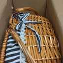 Wicker Picnic Basket with Handle, 15" Large Picnic Basket with Lid & Removable Liner, Vintage Hand Woven Basket with Blanket for Picnics, Camping, Thanksgiving, and Birthday (3-person, Grey-white Stripes)