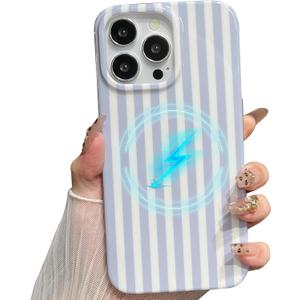 Jmltech Magnetic Cases for iPhone 13 Pro Case Striped Phone Case Cute Women Girly Trendy Compatible with MagSafe,Shockproof Slim Soft TPU and Hard PC Protective Cover Light Blue