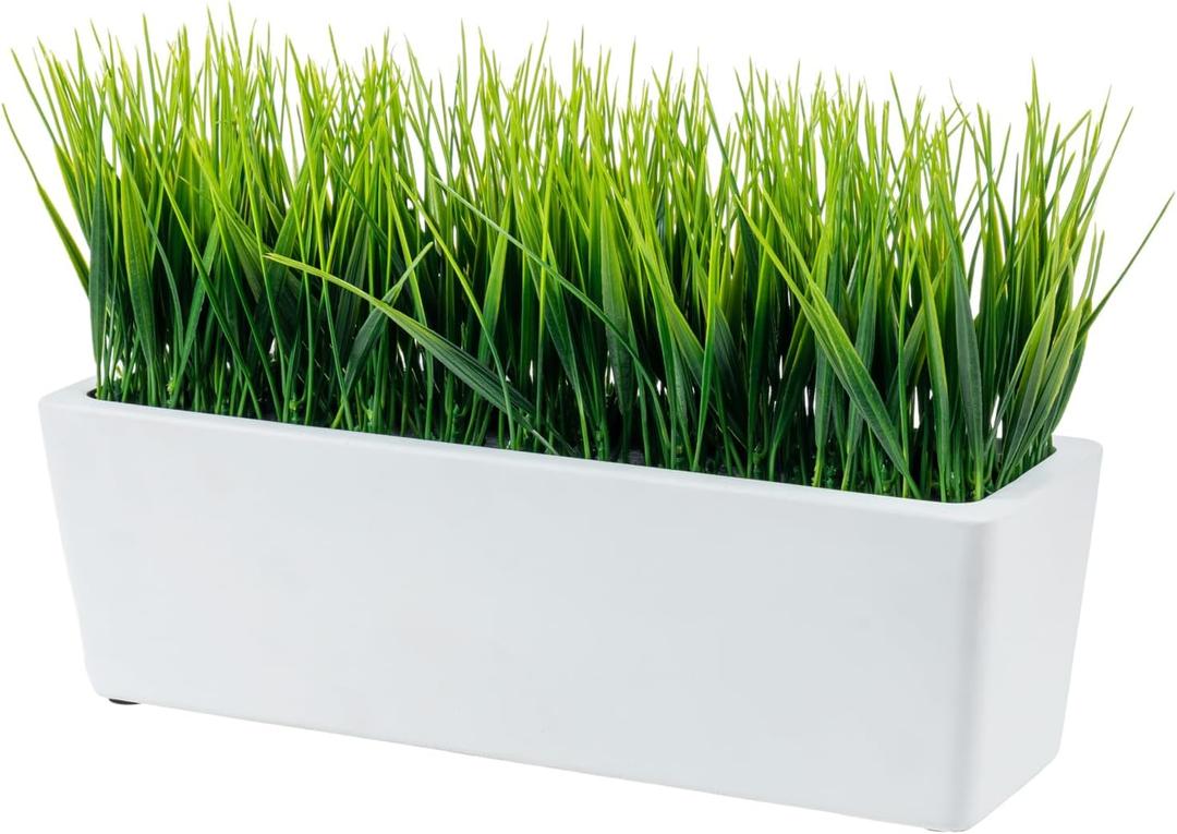 MyGift 14 Inch Artificial Green Grass Plant in Modern White Concrete Planter Window Box, Tabletop Faux Greenery in Decorative Rectangular Cement Container