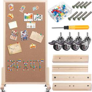 Double Sided Large Cork Board for Office with Wheel 24 x 47'' Reversible Mobile Cork Bulletin Board with Push Pin Decorative Display Board Portable Freestanding Corkboard for Home Photo Wall, 0.4" x 0.4"