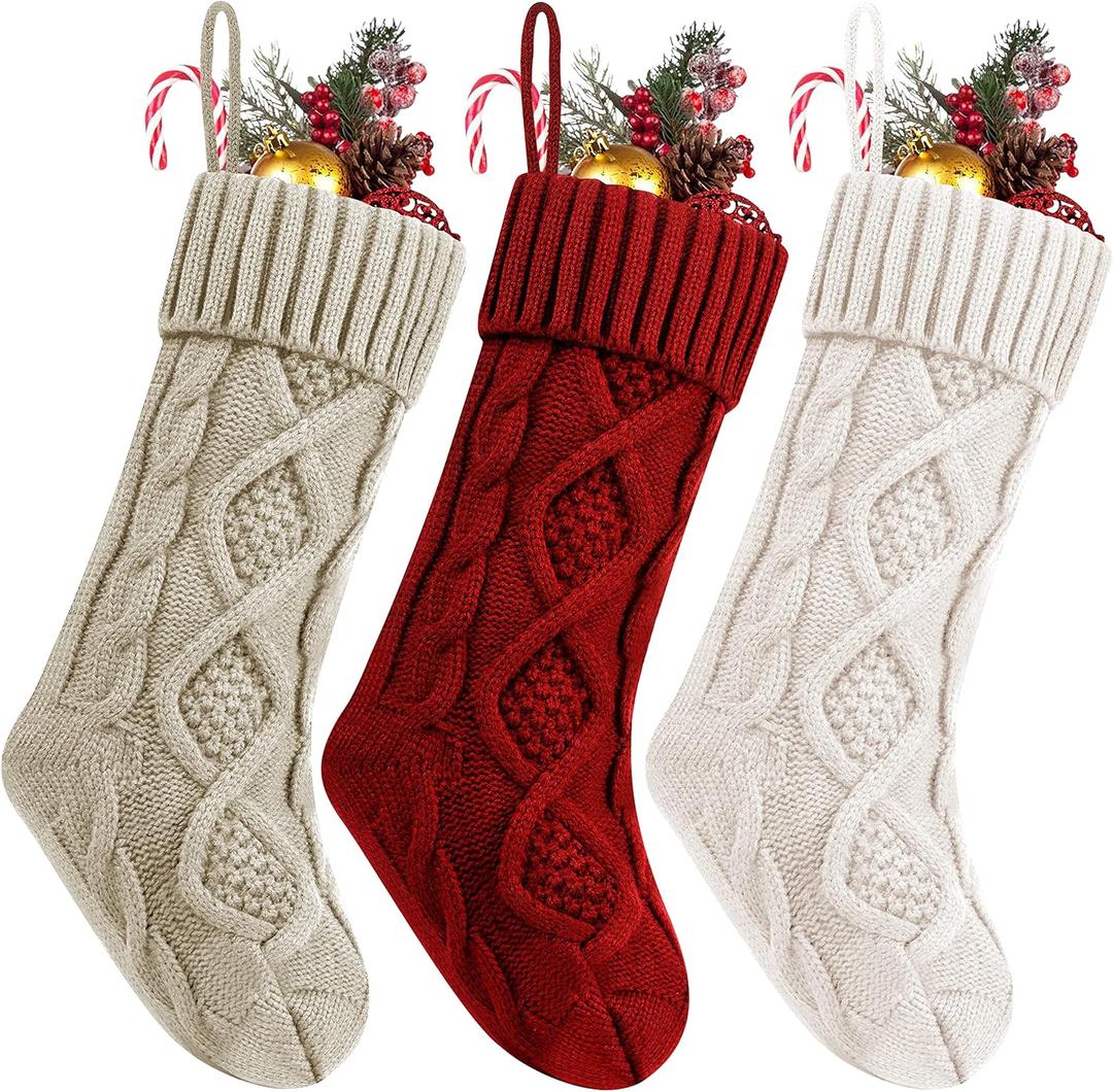 Fesciory Christmas Stockings,  Pack 18 Inches Cable Knitted Large Size Stocking Gifts & Decorations for Family Holiday Xmas Party (Burgundy&Ivory White and Khaki 18in)