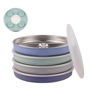 Elk and Friends 7.8” Stainless Steel Non Divided Plates with Silicone Sleeve + Storage Lid | Baby, Toddler, Kids | Dishwasher Safe | Dinner & Snack Plates | 4 Pack