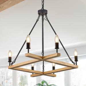 L45'' Natural Farmhouse Square Wood Chandeliers Rustic 6-Light Unique Rectangular Candle Chandelier Long Ceiling Pendant Light for High Ceiling Living Dining Room Foyer Kitchen Island,E12