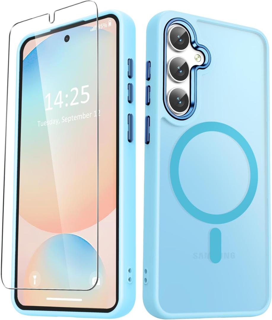 YENAPOON for Samsung Galaxy S25 Case, Matte Magnetic Phone Case with 1 Screen Protector, Support for Magsafe, Translucent Frosted Shockproof Protective Cover for Samsung Galaxy S25, Light Blue