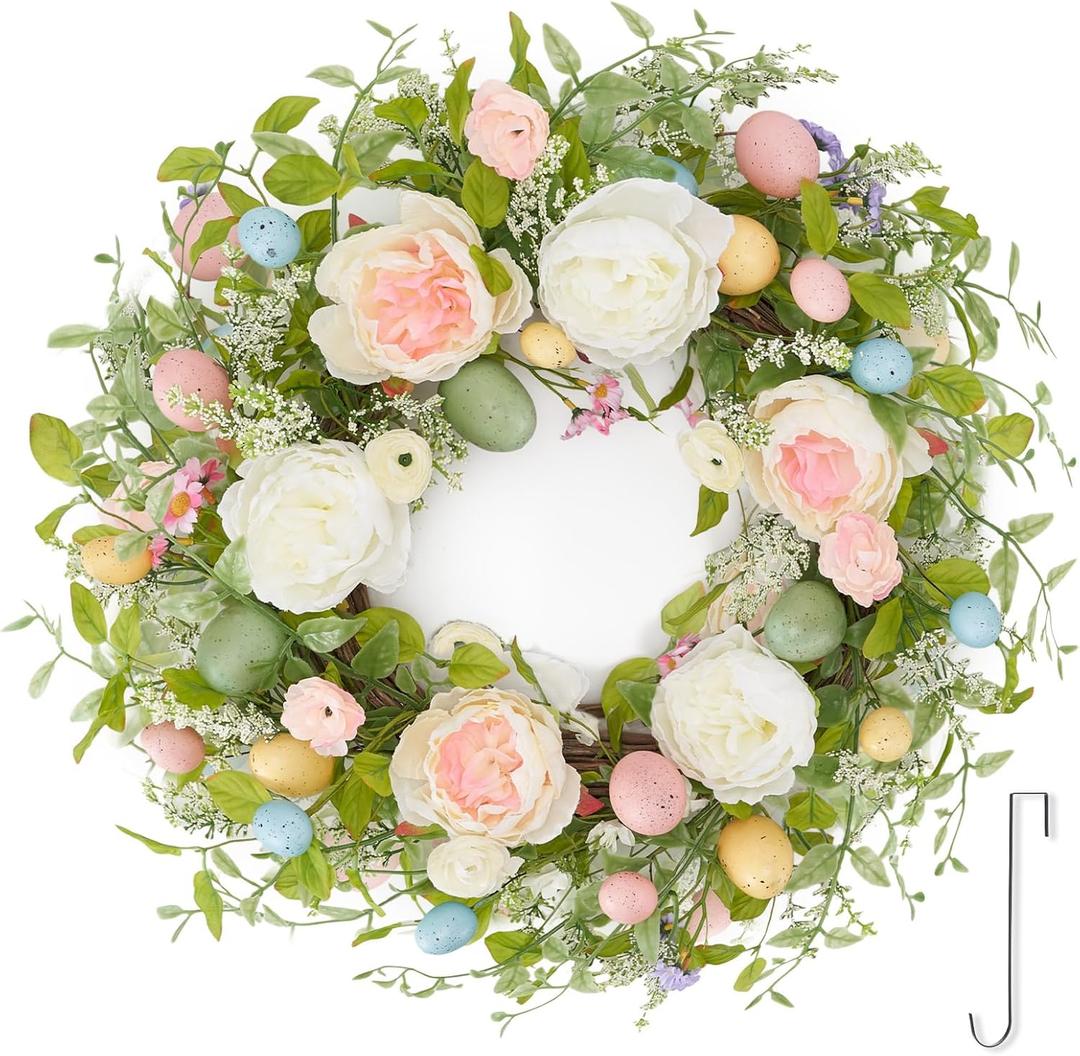 Easter Egg Wreath for Front Door 22 inch, Easter Spring Door Wreath with Hook, Artificial Spring Flower Peony Egg for Front Door Outside Windows Wall Home Easter Dcor
