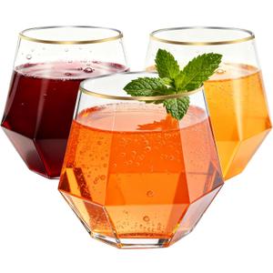 40 Pack 12oz Diamond Plastic Wine Glasses with Gold Rim, Disposable Stemless Wine Cups - Shatterproof, Unbreakable & BPA-Free, Recyclable Drinkware for Wedding, Birthday Party, New Year, Holidays