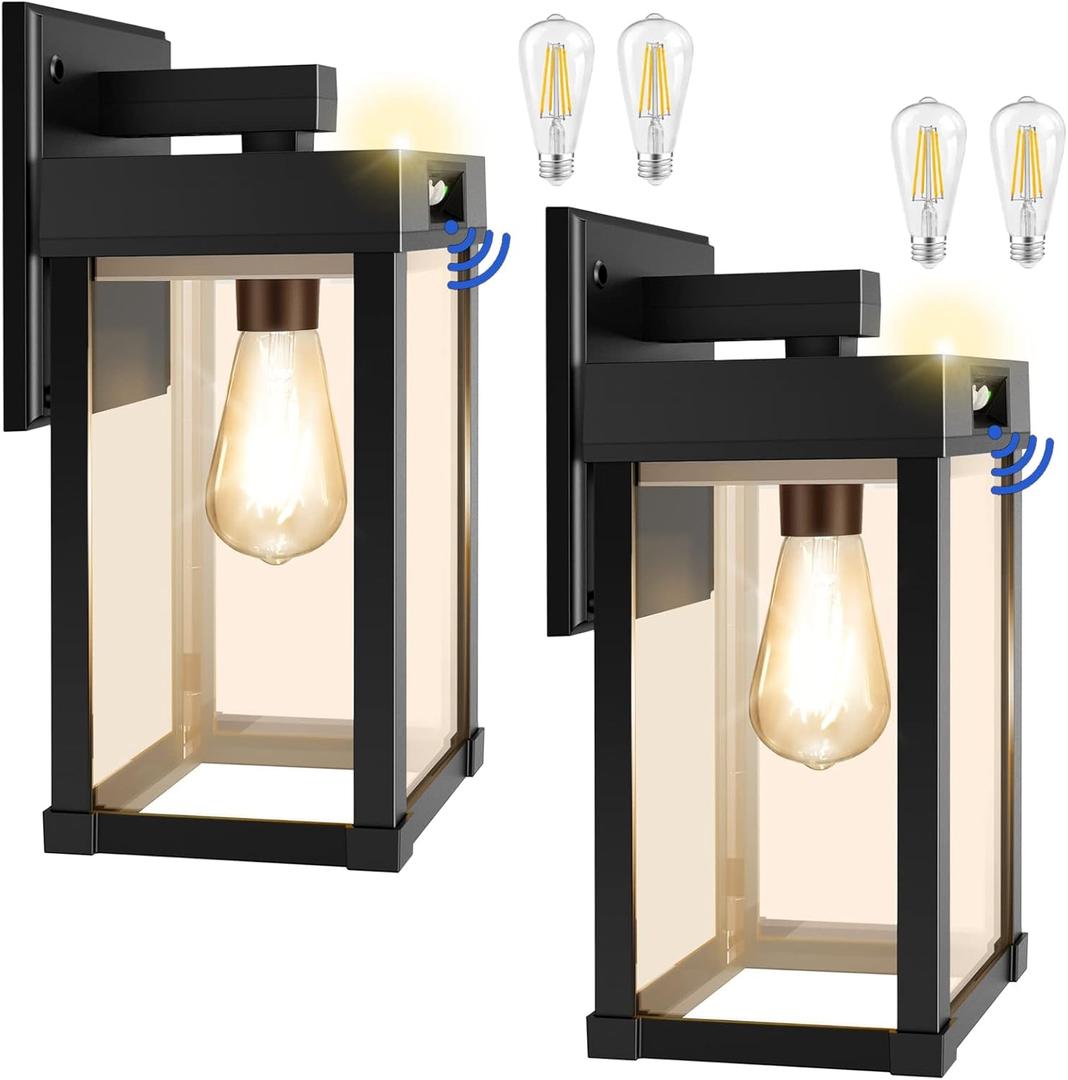 Solar Wall Lights Outdoor, Solar Wall Sconce with 3 Lighting Modes & Motion Sensor, Waterproof Porch Light with Clear Panel for Garage Porch Yard Front Door 5.8 x 5.8 x 13.58 in (Black-2 Pack)