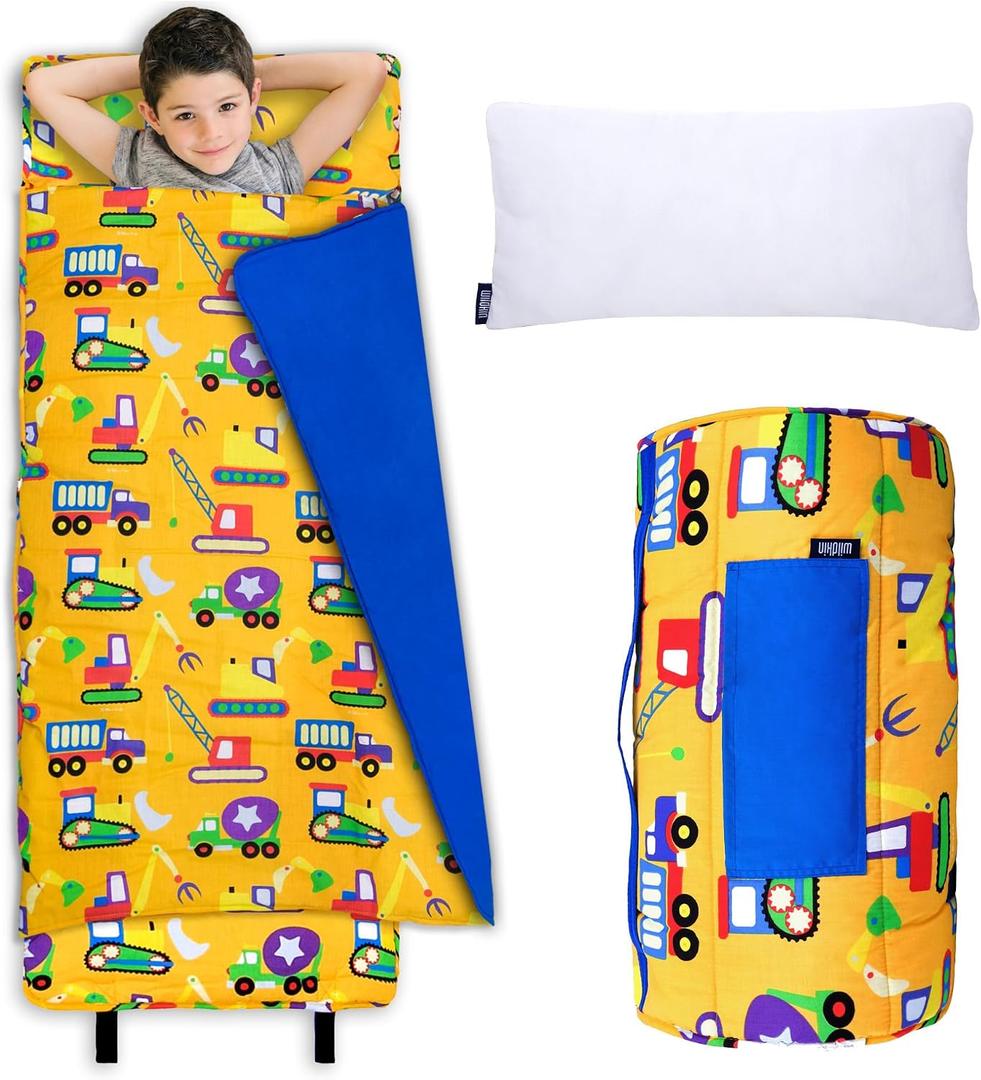 Wildkin Kids Original Nap Mat Cozy Kids Sleep Mat with Pillow, Ideal for School & Travel - Under Construction