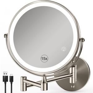 GREENFROM Magnifying Mirror with Lights 1x/15x: 8.5" Double Sided Wall Mounted Lighted Makeup Mirror for Bathroom, Brushed Nickel