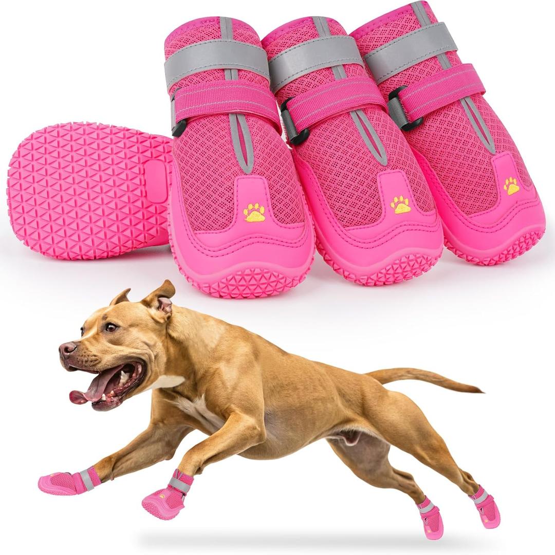 LUCKYPAW Dog Shoes for Large Medium Dogs, Breathable Dog Boots for Hot Pavement, Paw Protectors for Summer Walking Hiking Winter Snow Outdoor, No Slip Reflective Booties for Hardwood Floor-Hot Pink, Size 4: 2.2" x 2.6" (W*L)