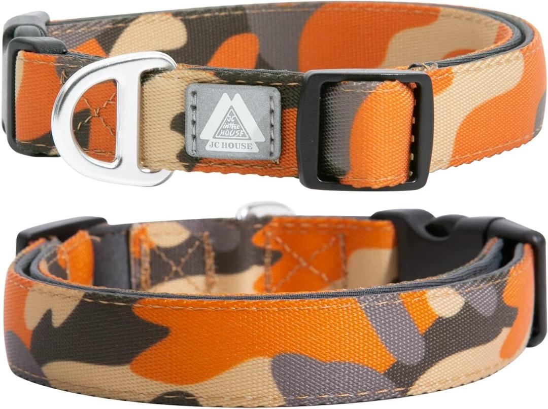 Soft Padded Dog Collar, Neck 9-14, Adjustable Heavy Duty Collar with 3M Reflective Logo for Small Dogs, Camo Orange, S