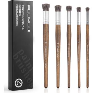 Professional Oil Paint Brushes, Fuumuui 5Pcs Natural Badger Bristle Blending Brush Set for Acrylic, Oil and Gouache - Round Flat Top Shape with Birch Handle