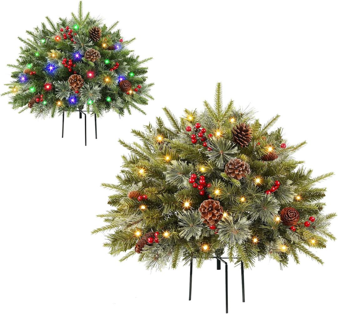 Alupssuc Set of 2 18 Inch Pre-lit Outdoor Christmas Tree with 50 Multi-Color Lights, Timer, Battery Operated Pre-Decorated Frosted Christmas Urn Filler for Pathway &Porch& Yard Decorations, 18 Inch
