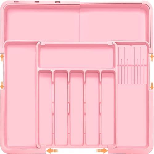 Homecor Silverware Organizer - Expandable Large Kitchen Drawer Organizer Utensil Organizer with 2 Knife Block Inserts, 22"x 19"Cutlery Tray with Drawer Dividers for Kitchen Flatware (Pink)