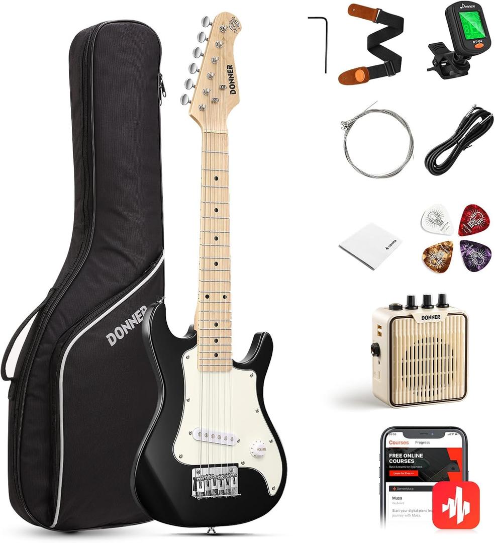Donner 30 Inch Kids Electric Guitar Beginner Kits ST Style Mini Electric Guitar for Boys Girls with Amp, 600D Bag, Tuner, Picks, Cable, Strap, Extra Strings, DSJ-100, Black (Black)