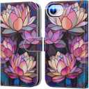 DEENAKIN for iPhone 16e Wallet Case with Card Holder + Cash Clip, RFID-Blocking, Military-Grade Drop Protection & UV-Printed Artwork, Magnetic Closure with Leather Kickstand - Blooming Lotus