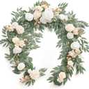 Ling's Moment Flower Garland - 6FT Eucalyptus & Rose - Sweetheart Table Decor for Wedding Reception, Artificial Silk Floral Garland for Mantle, Spring, Garden Christmas Decoration, White Beige