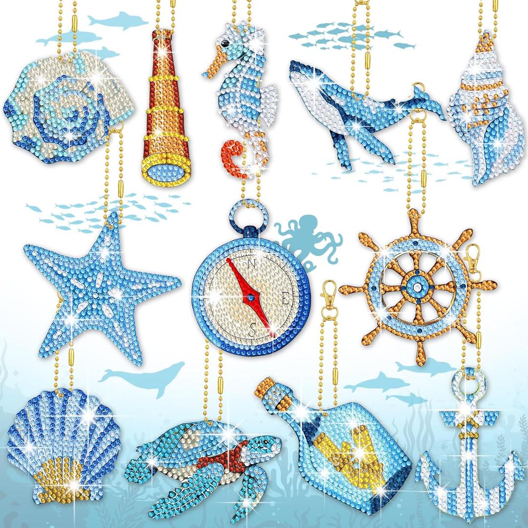 BBTO 15 Pcs Summer Ocean Diamond Painting Keychains Kits 5D DIY Summer Diamond Art Painting Keyrings Sea Animals Theme Key Chains for Beach Party Crafts Ornaments