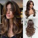 Highlight Dark Brown Mix Honey Blonde Long Layered Wavy Wigs with Bangs for Black White Women Synthetic Highlight Brown Layered with Curtain Bangs Wig Body Wave Shaggy Hair for Daily Use 24Inch