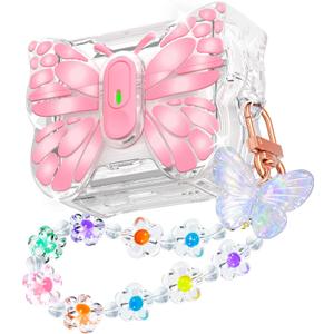 R-fun for AirPods Pro 3 Case Butterfly Artistry - Auto Pop-Up Lid & Kickstand, Military-Grade 360 Protection, with Beautiful Bracelet & Cleaning Kit for AirPods Pro 3 Gen, Pink