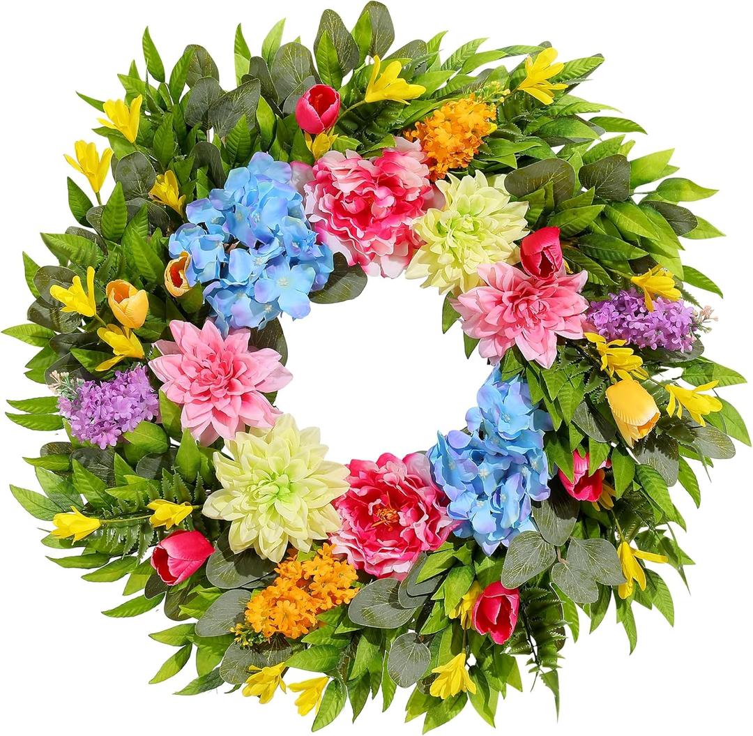 18 Inch Spring Wreaths for Front Door with Dahlias, Hydrangeas, Peonies, Eucalyptus - Artificial Spring Summer Front Door Wreath for Farmhouse, Porch, Window, Wedding, Indoor Outdoor Home Decor (Pink & green)