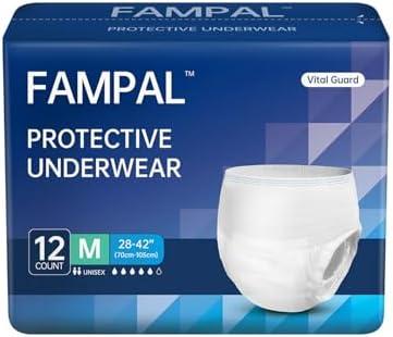 FAMPAL Vital Guard Adult Incontinence Underwear, Maximum Absorbency, Odor Control, Leak Protection, Overnight, Disposable, Unisex, Medium, 12 Count