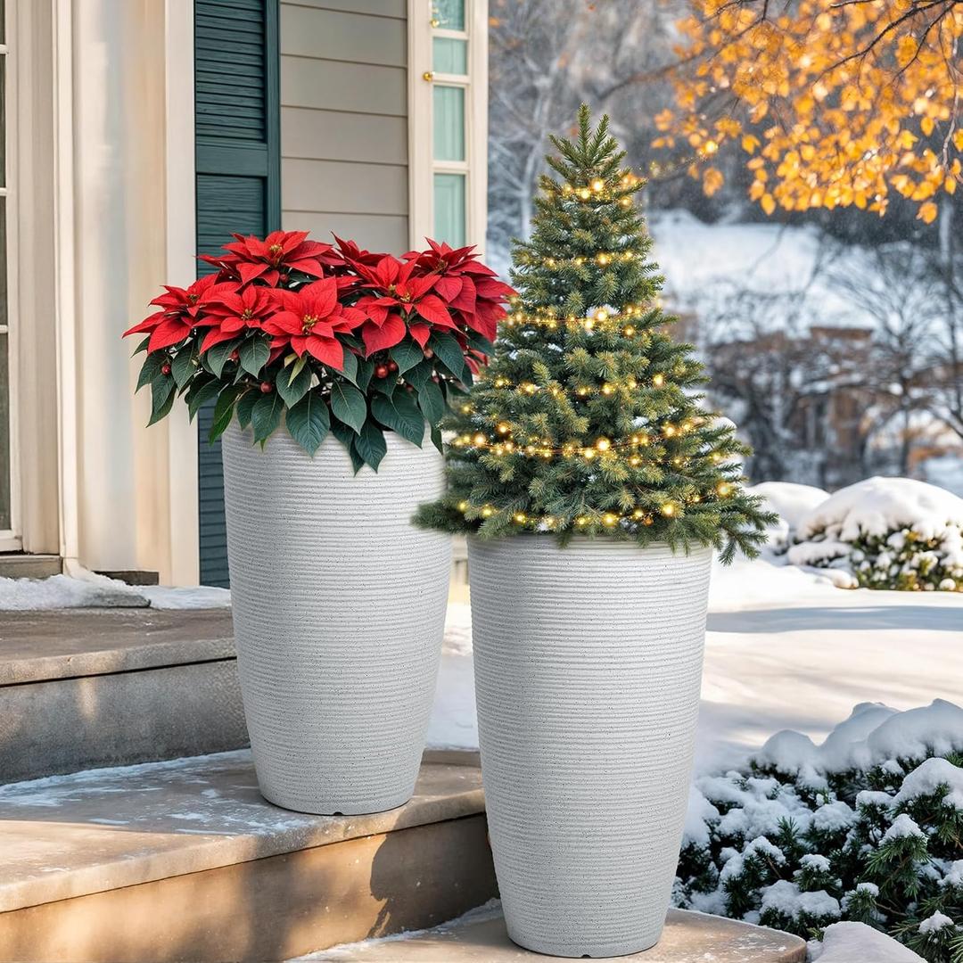 2-Pack 23.5" White Plastic Tall Tapered Planters with Ribbed Texture