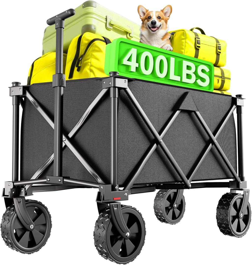 BEAU JARDIN Collapsible Folding Wagon Cart with Big Wheels Foldable Cart with 400LBS Capacity Utility Lightweight Wagon Heavy Duty Grocery Cart for Camping Garden Outdoor Fishing Sports Shopping Black