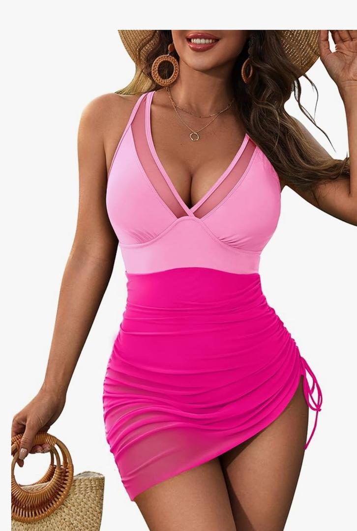 Blooming Jelly Women One Piece Swim Dress Tummy Control Swimsuits Slimming Mesh Sheer Sarong Wraps Bathing Suit, XL Blooming Jelly Women One Piece Swim Dress Tummy Control Swimsuits Slimming Mesh Sheer Sarong Wraps Bathing Suit, XL