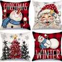 GEEORY Merry Christmas Throw Pillow Covers 20x20 Inch Set of 4, Santa Snowmen Xmas Trees Hello Winter Snowflake Holiday Farmhouse Decorative Cushion Cases for Home Decoration (Red Black) G627-20