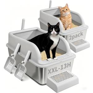 Stainless Steel Cat Litter Box with Lid, Extra Large Metal Litter Boxes for Big Cats & Kitten, XL High Sided Litter Box,Odorless,Non-Stick,Easy Cleaning, Step & Scoop Included (XXL-2PK, Count, 2)
