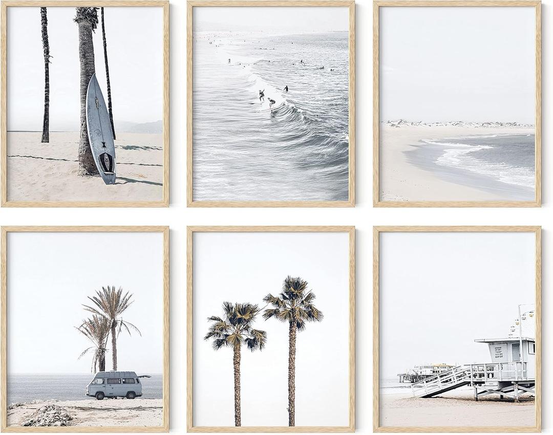 HAUS AND HUES Beach Wall Art Set of 6 Coastal Beach Prints, Ocean-Themed Posters for Home, Bedroom, or Living Room (Beige Frame, 8x10)
