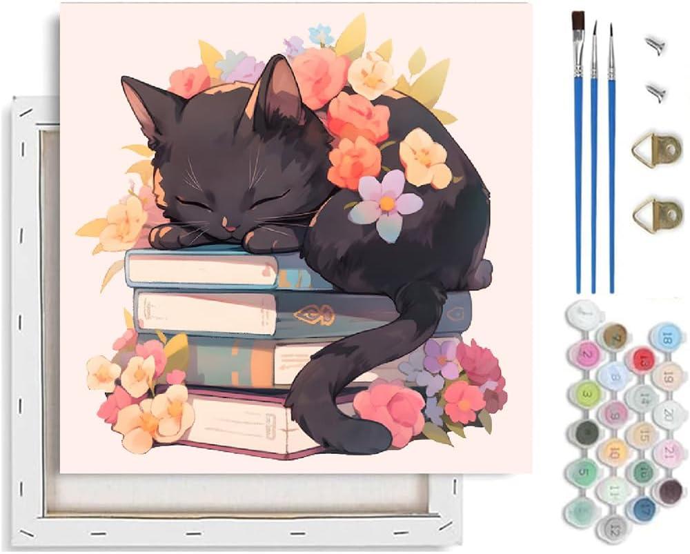 TCDZMYGS Cat Paint by Numbers Kit for Adults Beginner,Book Flower Adult Paint by Number Kits on Canvas with Frame,DIY Acrylic Oil Painting by Numbers Kits for Home Wall Decor 10x10 inch