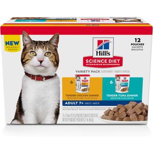 Hill's Science Diet Adult 7+ Wet Cat Food Variety Pack, Chicken & Tuna, 2.8 oz. Pouches, 12-Pack (EXP 11/24/26)