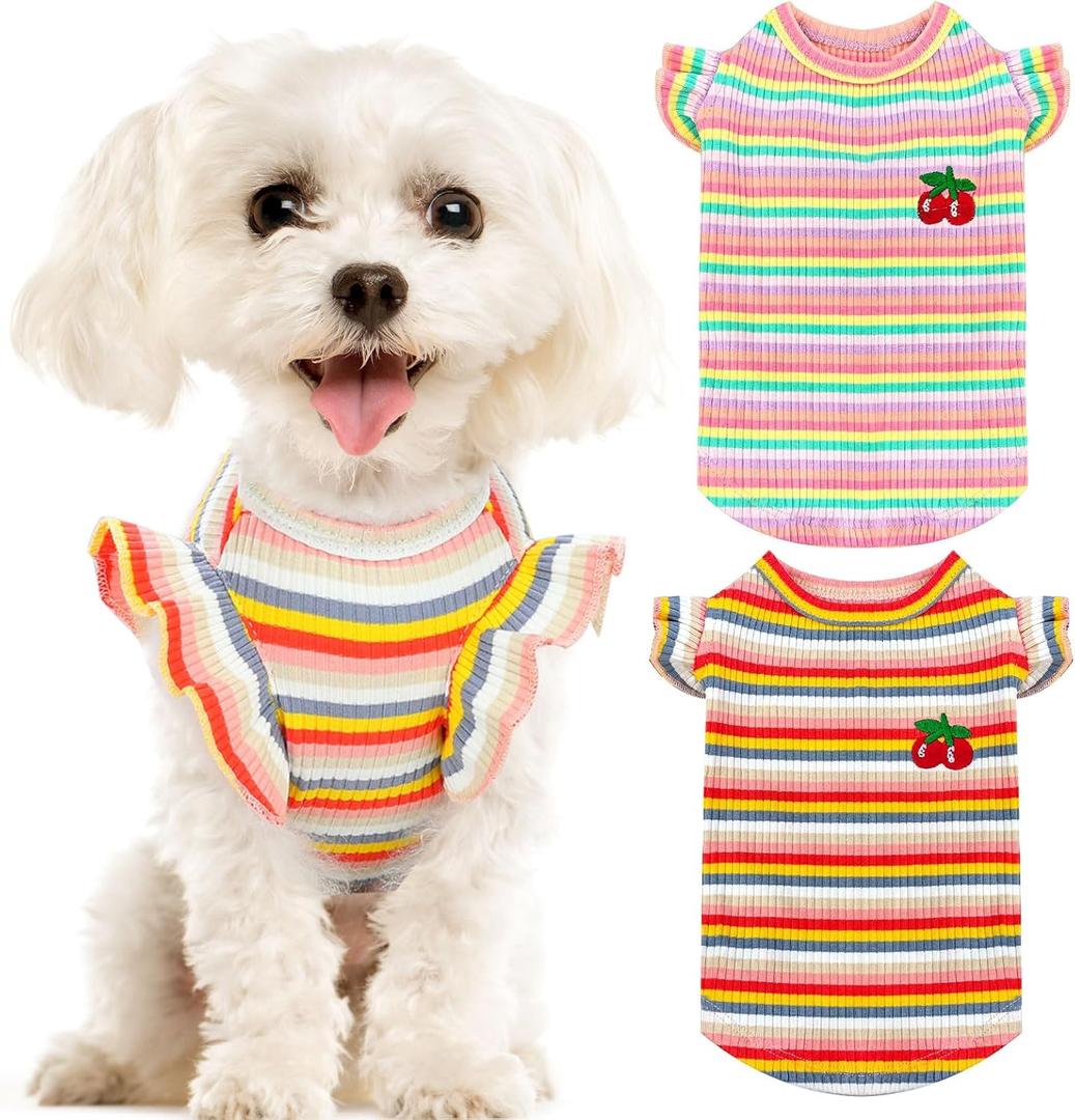 XGDMEIL 2 Pack Cute Striped Small Dog T Shirts Soft Cotton Girl Dog Clothes Breathable Pet Puppy Cats Vest Spring Summer Pet OutfitsPink+Orange,Medium
