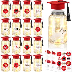 Phoncoo 16 Sets 2026 Graduation Table Decoration with LED Lights, Mason Jar Graduation Centerpieces for Tables with Grad Cap, Stickers for College High Middle School Grad Party Supplies Gifts(Red)