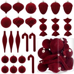Velvet Ornaments for Christmas Tree Decorations - Burgundy Flocked Christmas Ornament Set for Winter Holiday Decor - Shatterproof Xmas Balls Ornaments Bulk - Pack of 24