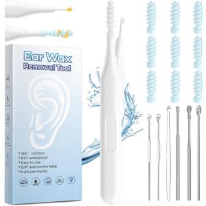 Ear Wax Removal Tool, Multifunctional Spiral Ear Cleaner, Q Grips Earwax Cleaning Tool with 9 Replacement Tips, Washable Ear Wax Removal Kit for Deep Cleaning Ear Picks (Blue and White)