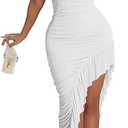 BEAGIMEG Women's Sexy Ruched Sleeveless Asymmetrical Ruffles Elegant Cocktail Evening Party Maxi Dress, M, White