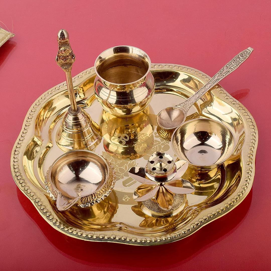 SATVIK 8.5 Inch Brass Puja Thali Set of 7 | Handcrafted Design for Divine Blessings | Ideal Housewarming Return Gift | Perfect for Festivals & Worship | Complete Puja Thali Set