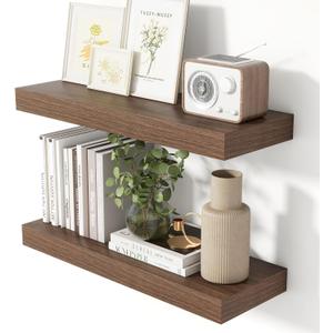 Heimlove 24 Inch Floating Shelves for Wall Walnut Shelves Set of 2,Wall Mounted Rustic Wood 8 Inch Deep Floating Shelf with Invisible Brackets for Bedroom Kitchen Living Room