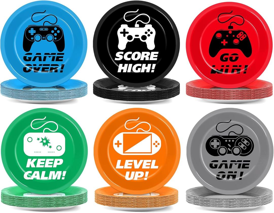 72PCS Video Game Party Plates Gaming Party Supplies 7Inch Game Lovers Birthday Tableware Gamer Disposable Paper Dessert Plates for Boys Kids Baby Shower Decorations Favors, 6 Designs