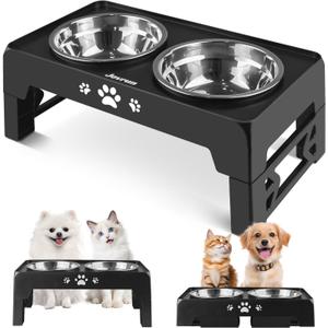 Jovrun Elevated Dog Bowls for Small Dogs and Cats, Non-Slip Cat Bowls with 2 Thick 5.5" Stainless Steel Dishes, Dog Feeder 2 Heights Adjustable to 2.6"-5.3"